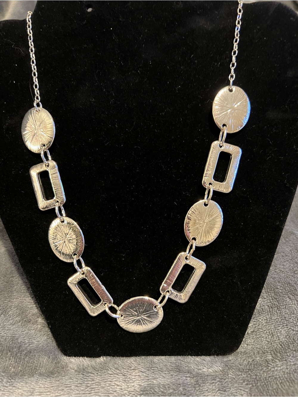 Textured Silver Link Necklace with Geometric Discs - Women Jewelry
